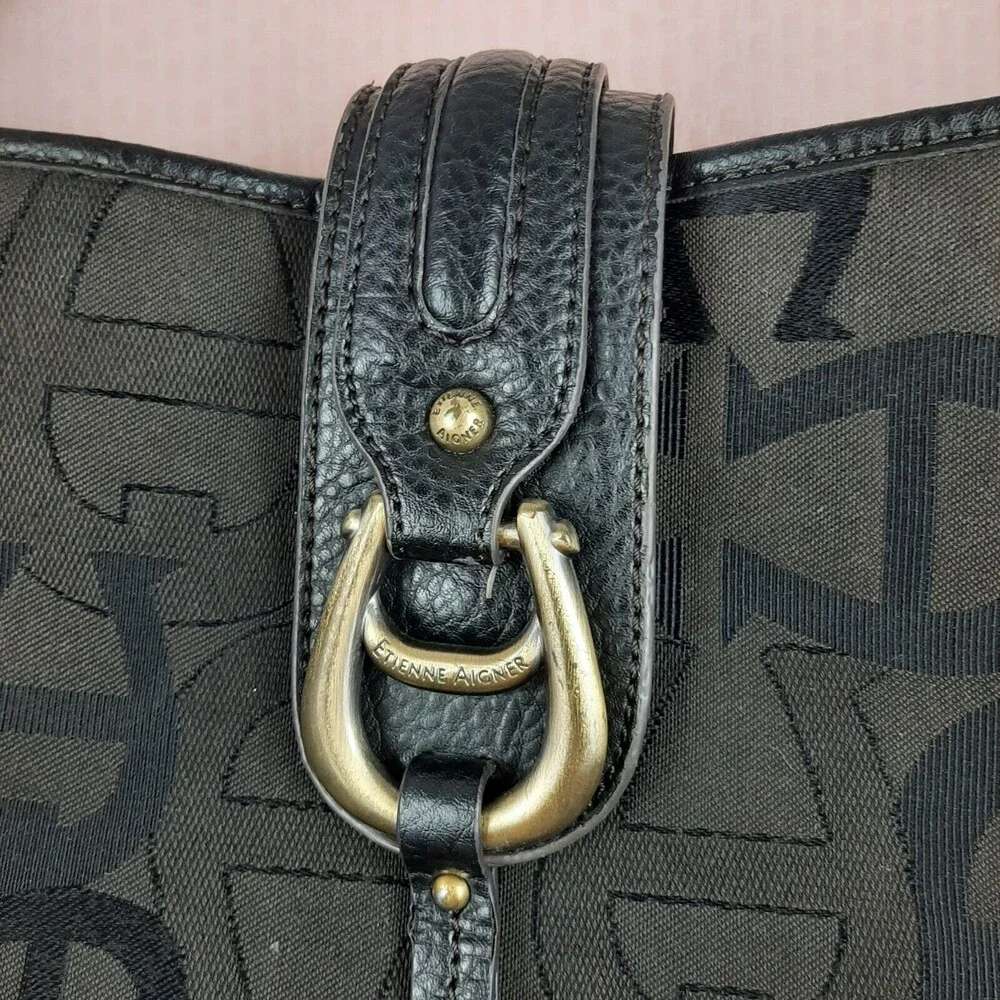 Vintage Etienne Aigner Handbag Black with Logo Leather Fabric Zipper